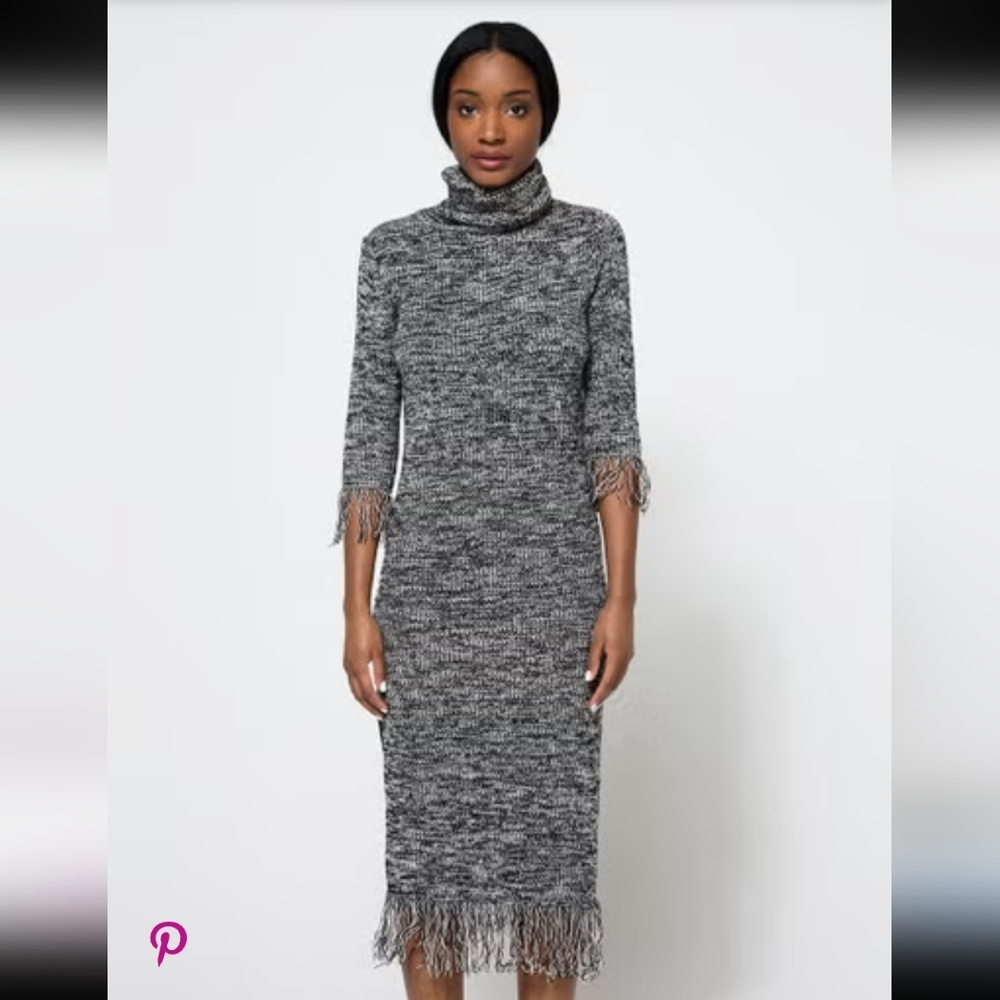 Oober Swank Heathered Black White Turtleneck Knit Sweater Dress Fringe Small